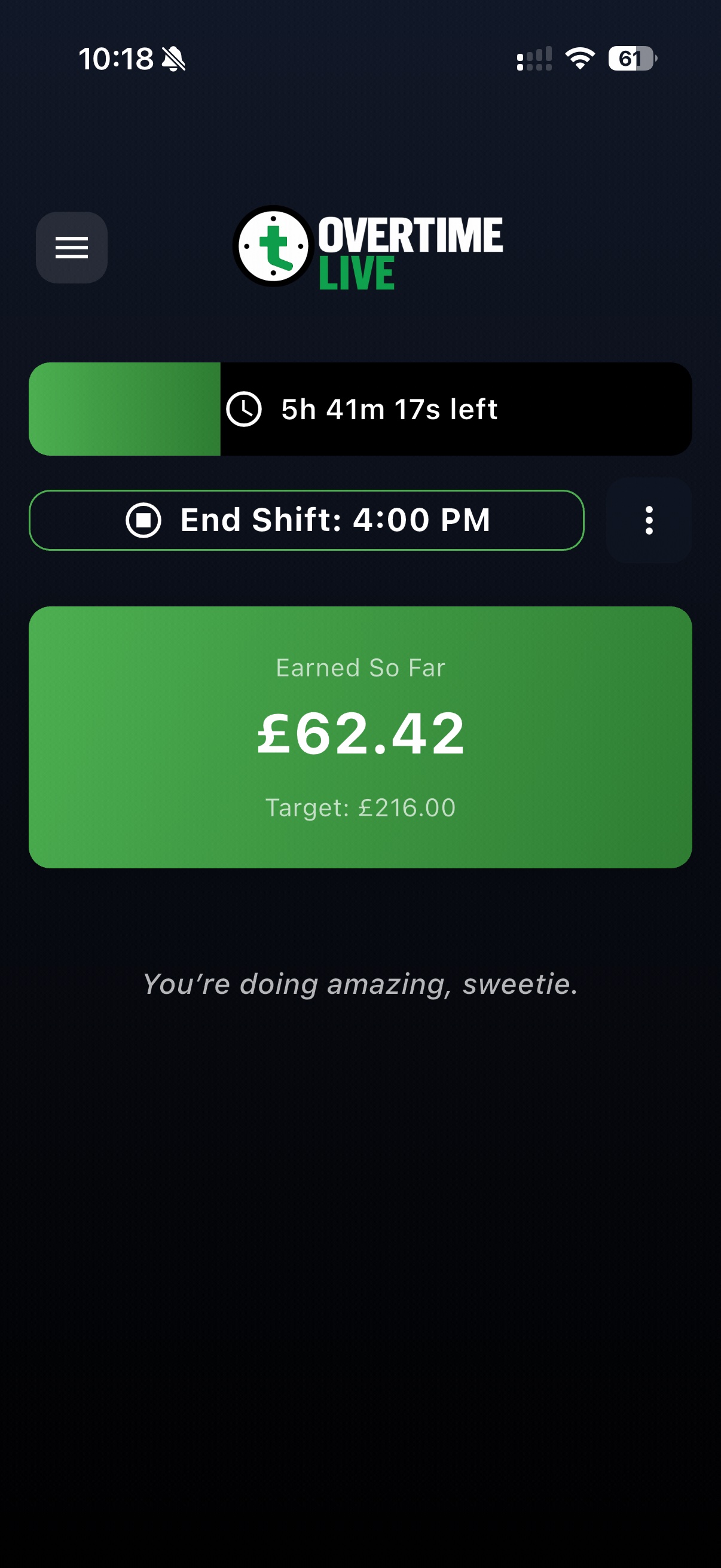 Overtime Live app showing £62.42 earned so far during an active shift with 5h 41m remaining and a green progress bar
