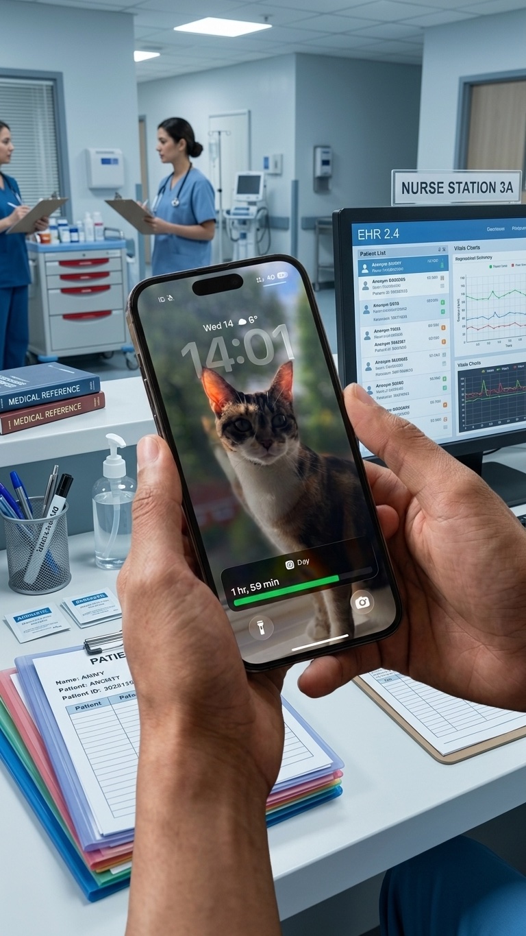 iPhone Lock Screen at a hospital nurse station showing Overtime Live Live Activity with 1hr 59min shift progress bar