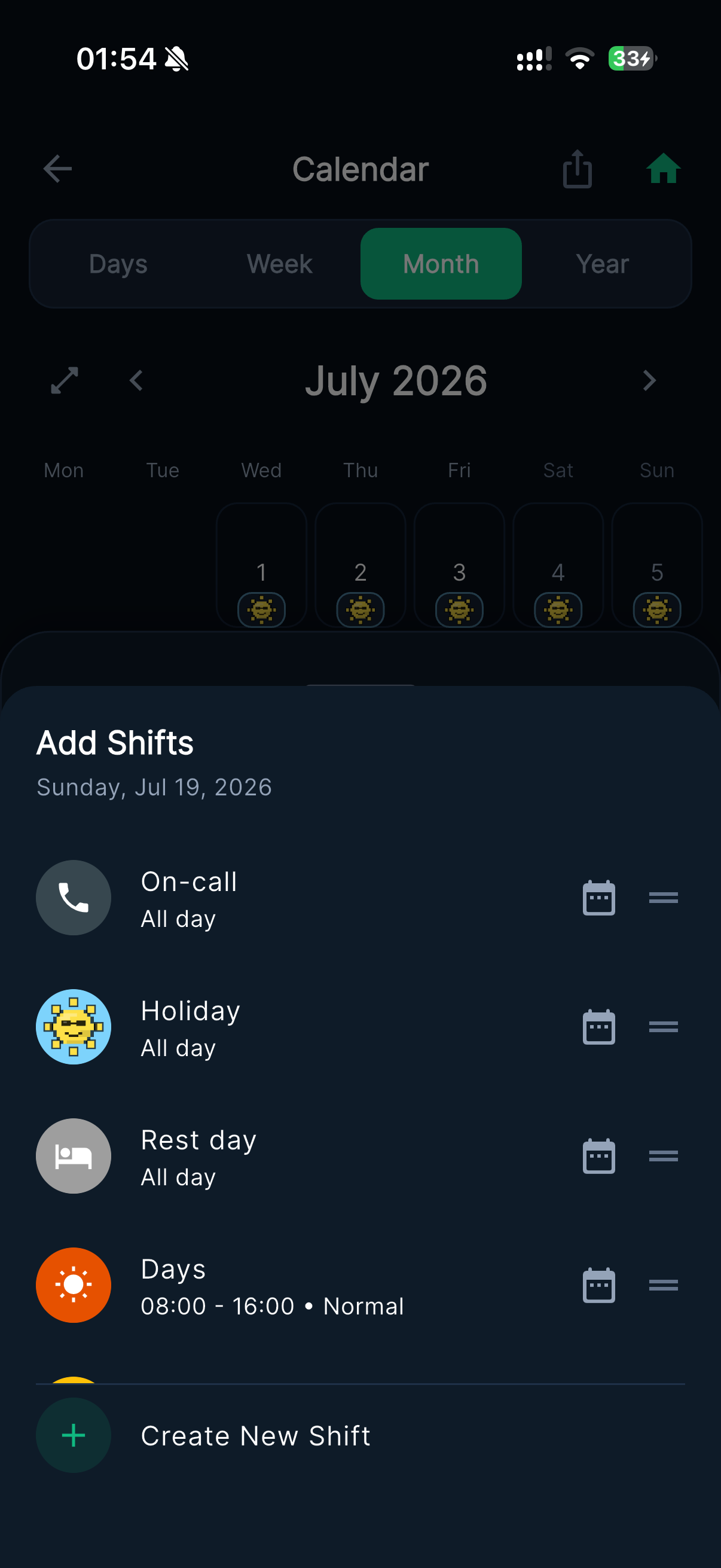 Overtime Live Add Shifts screen showing On-call, Holiday, Rest day, and a timed Days shift as separate shift type options