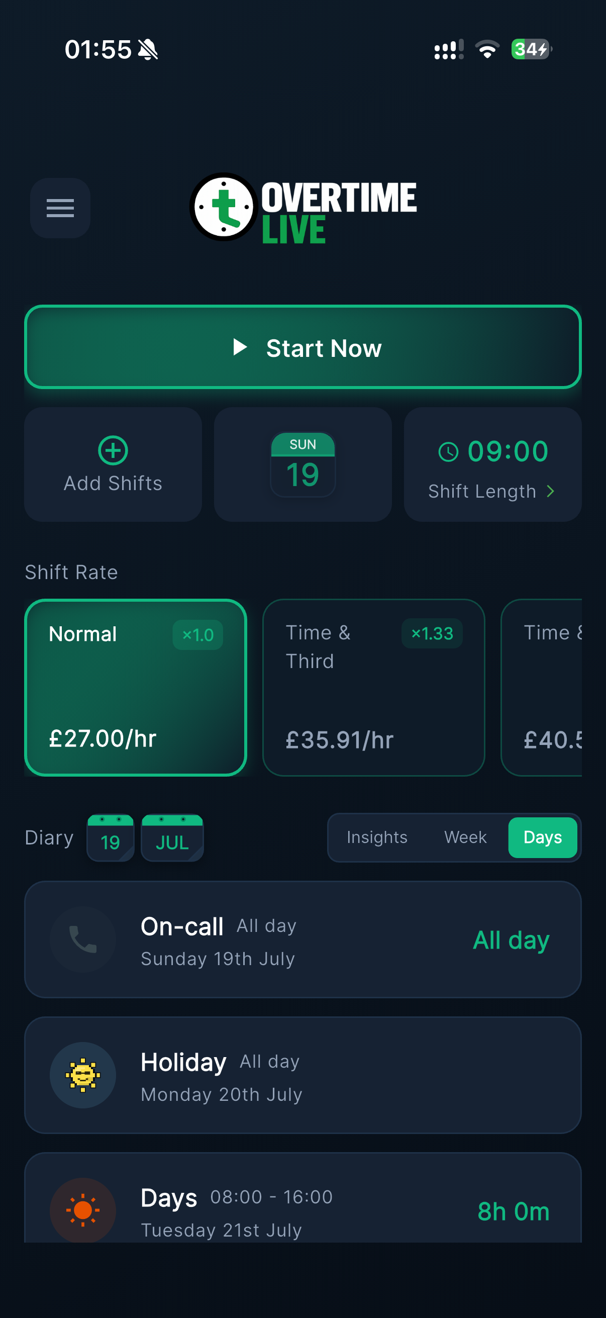 Overtime Live diary showing an On-call entry marked All day for Sunday, sitting above a separate Holiday entry and a Days shift logged 08:00-16:00