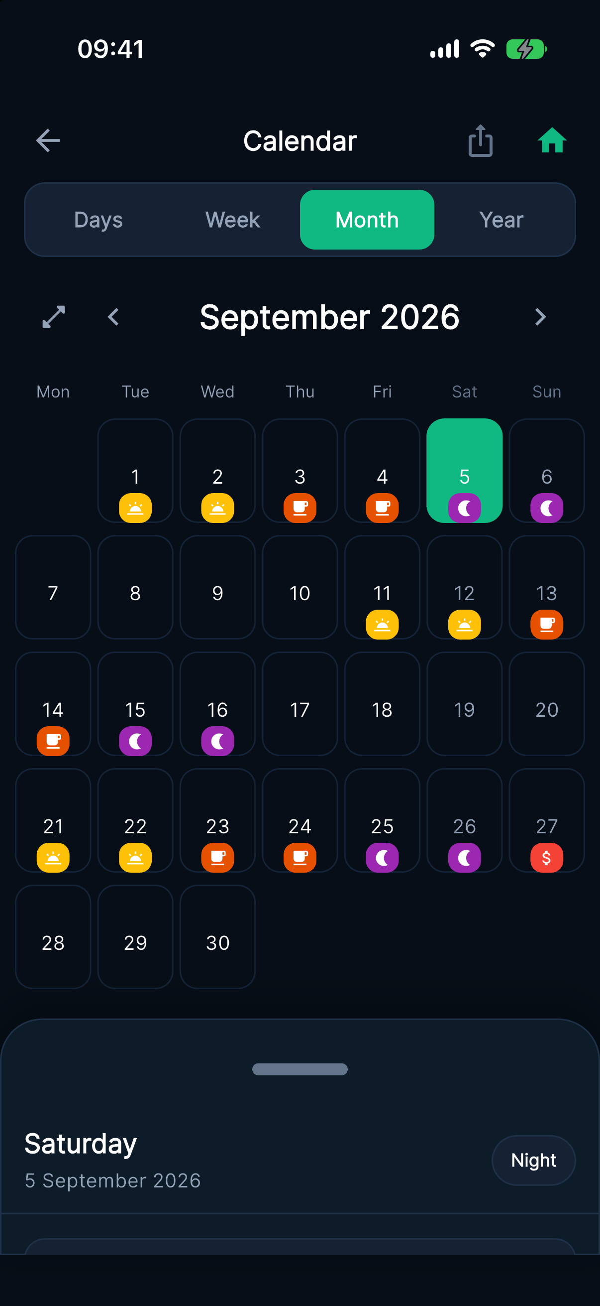 Overtime Live calendar month view on iPhone with coloured markers under worked days showing earlies, lates, nights and overtime