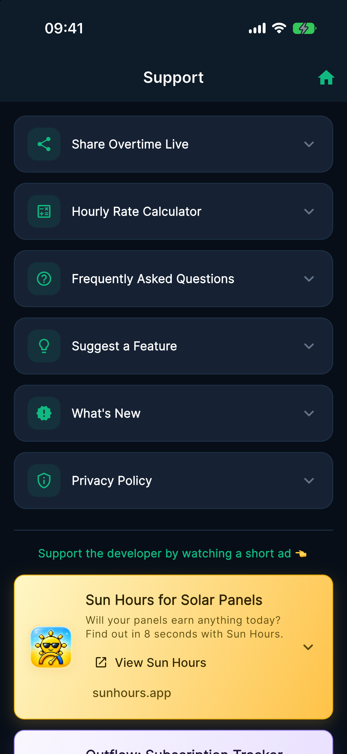 Overtime Live Support screen on iPhone listing FAQs, feature suggestions and What's New