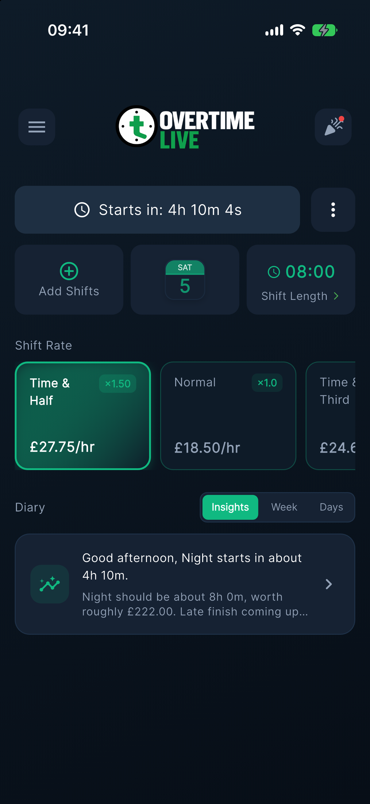 Overtime Live home dashboard on iPhone showing a Start Now button, Add Shifts and Shift Length tiles, and a shift rate row with Time and Half at £27.75 per hour selected beside Normal at £18.50 per hour