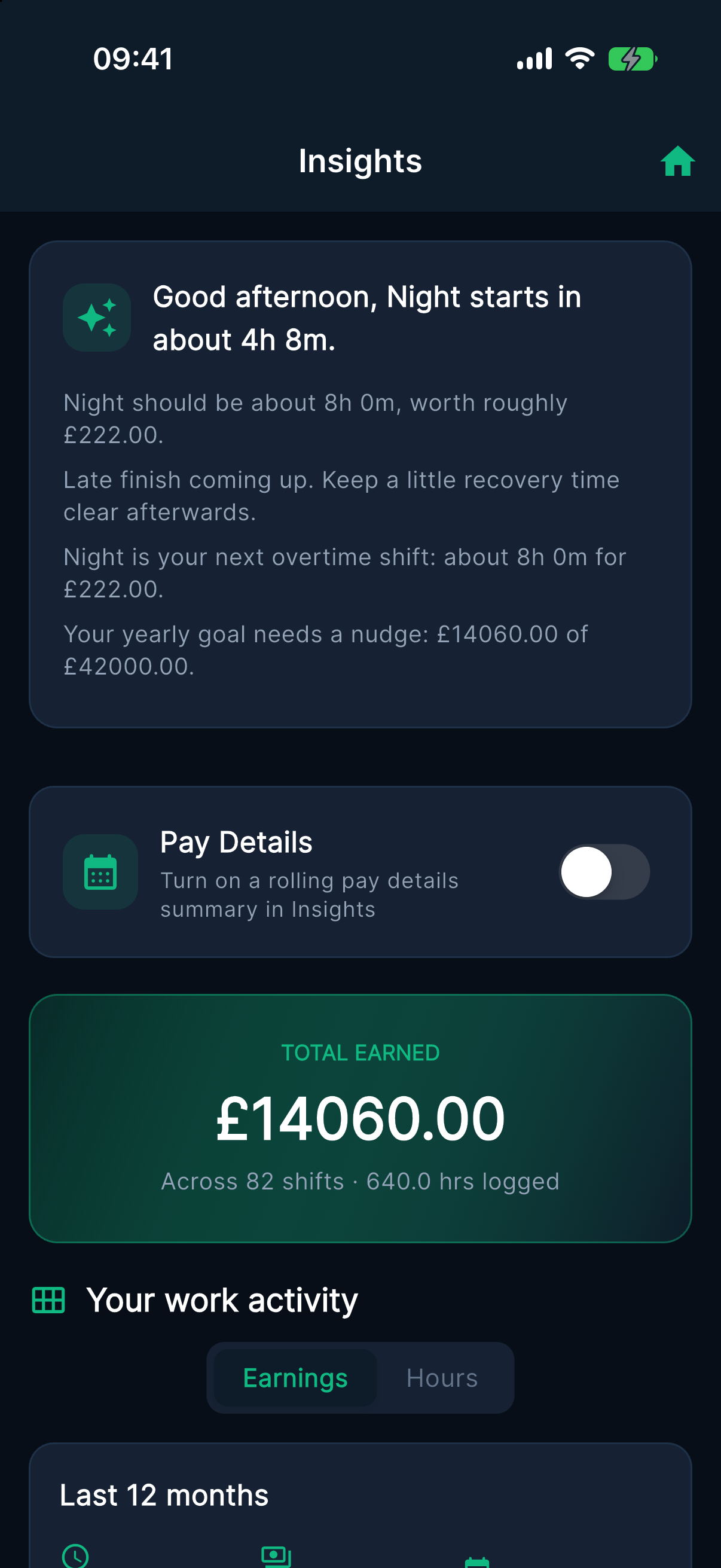 Overtime Live Insights screen on iPhone with a plain-language briefing about the next shift and goal progress
