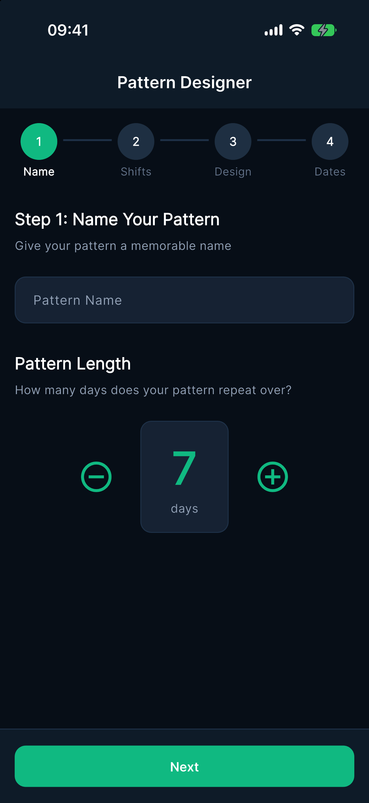 Overtime Live Pattern Designer on iPhone at step 1 of 4, Name, with a pattern name field and length stepper