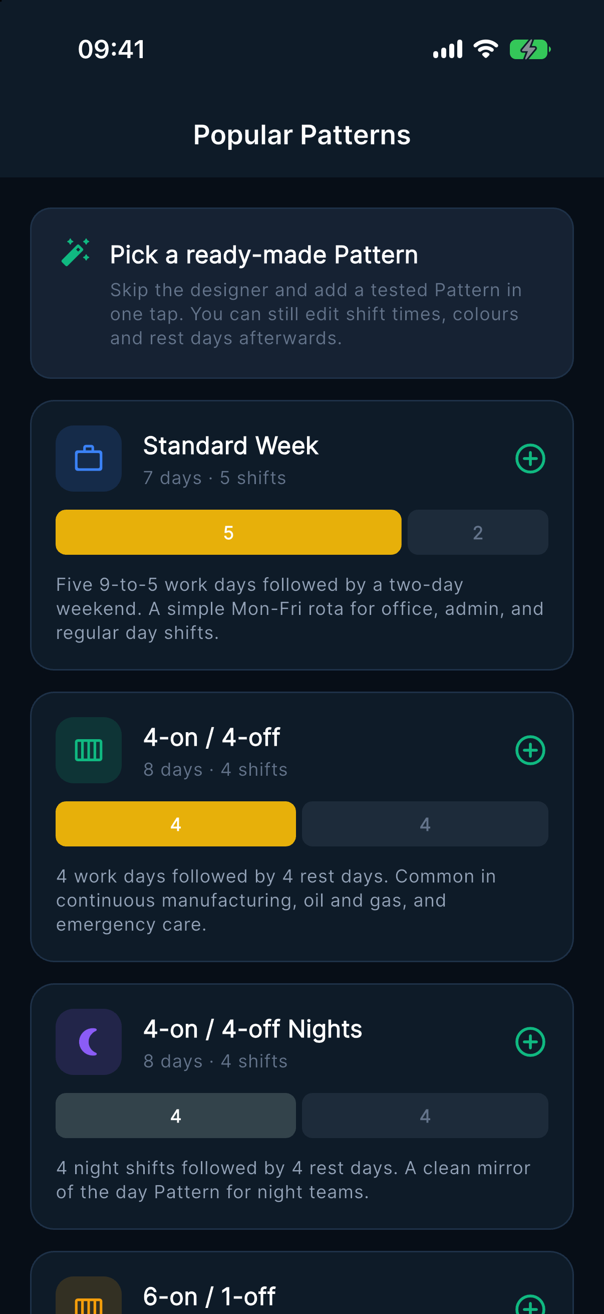 Overtime Live Popular Patterns screen on iPhone listing ready-made rotations including Standard Week and 4-on 4-off