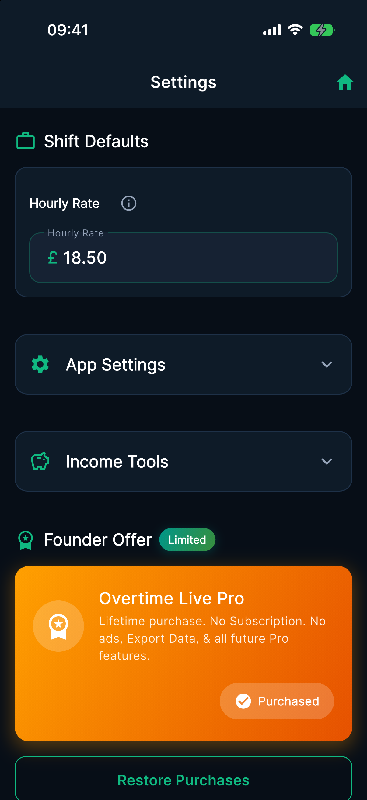 Overtime Live Settings screen on iPhone with a Shift Defaults hourly rate field and Overtime Live Pro purchase card