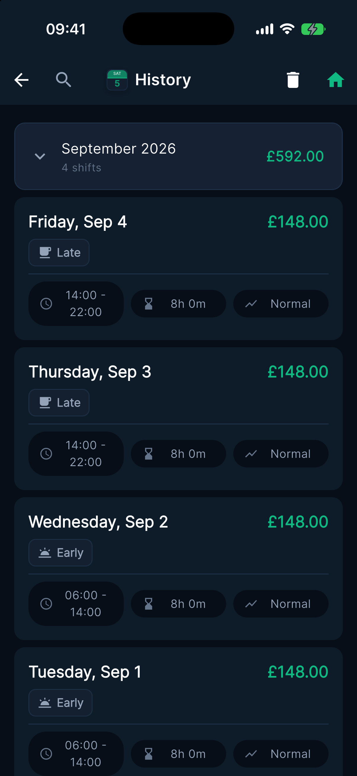 Overtime Live shift history on iPhone listing months with earnings totals, expanded to individual shifts