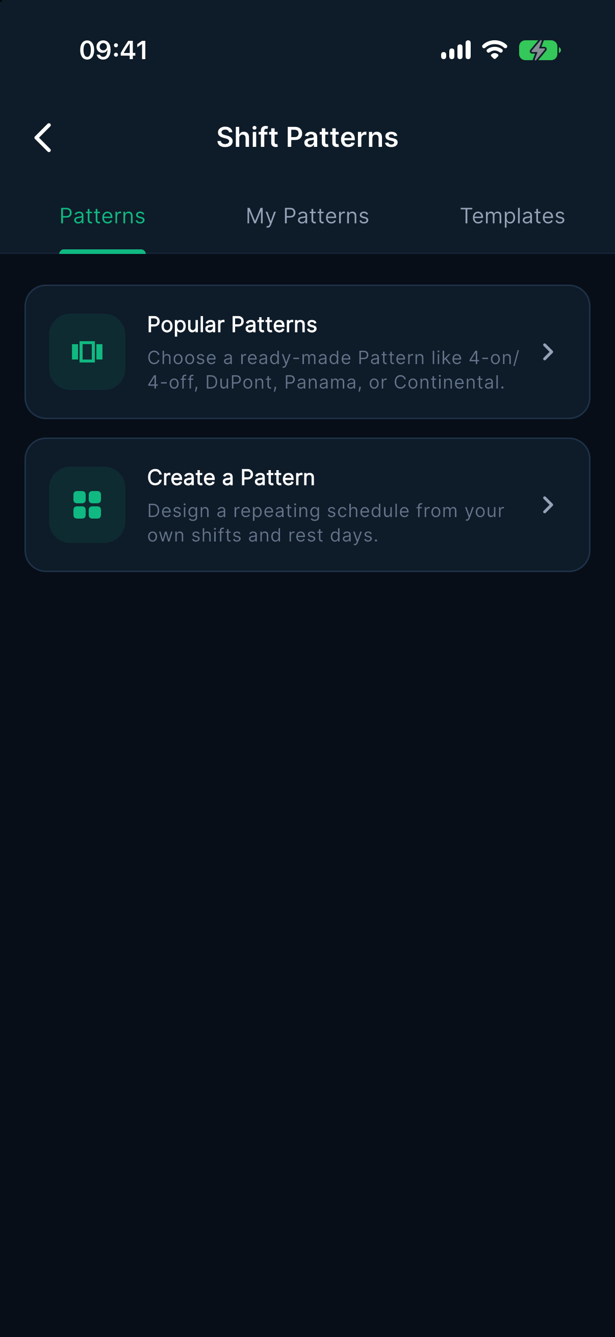 Overtime Live Shift Patterns screen on iPhone with Patterns, My Patterns and Templates tabs