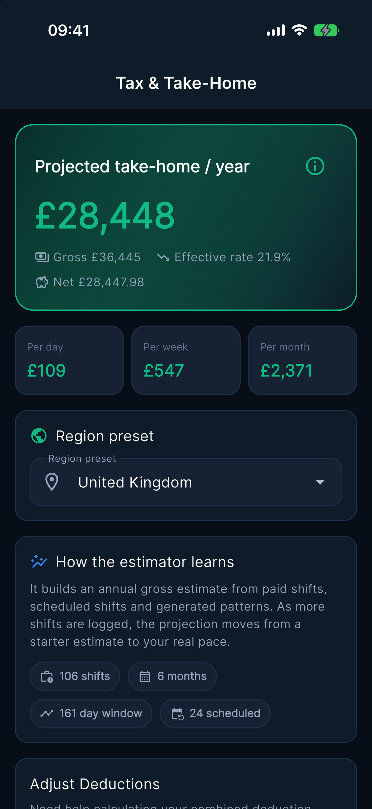 Overtime Live Tax and Take-Home screen on iPhone projecting annual take-home and gross pay with an effective tax rate