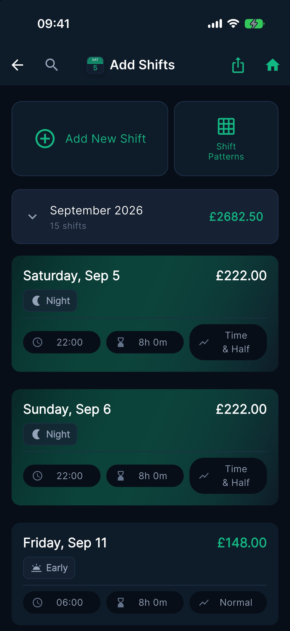 Overtime Live Add Shifts screen on iPhone showing scheduled upcoming shifts grouped by month with projected earnings