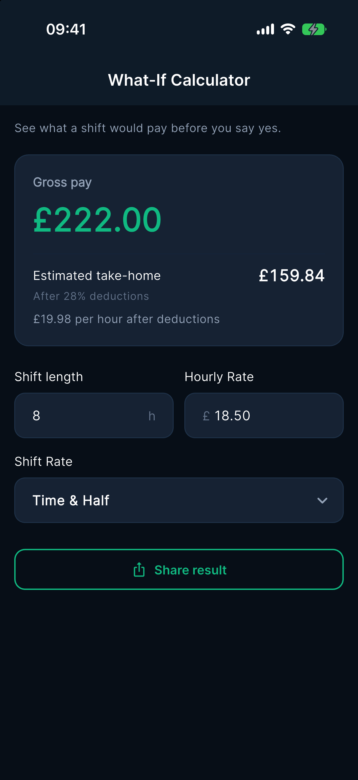 Overtime Live What-If Calculator on iPhone showing gross pay and estimated take-home after deductions for a shift
