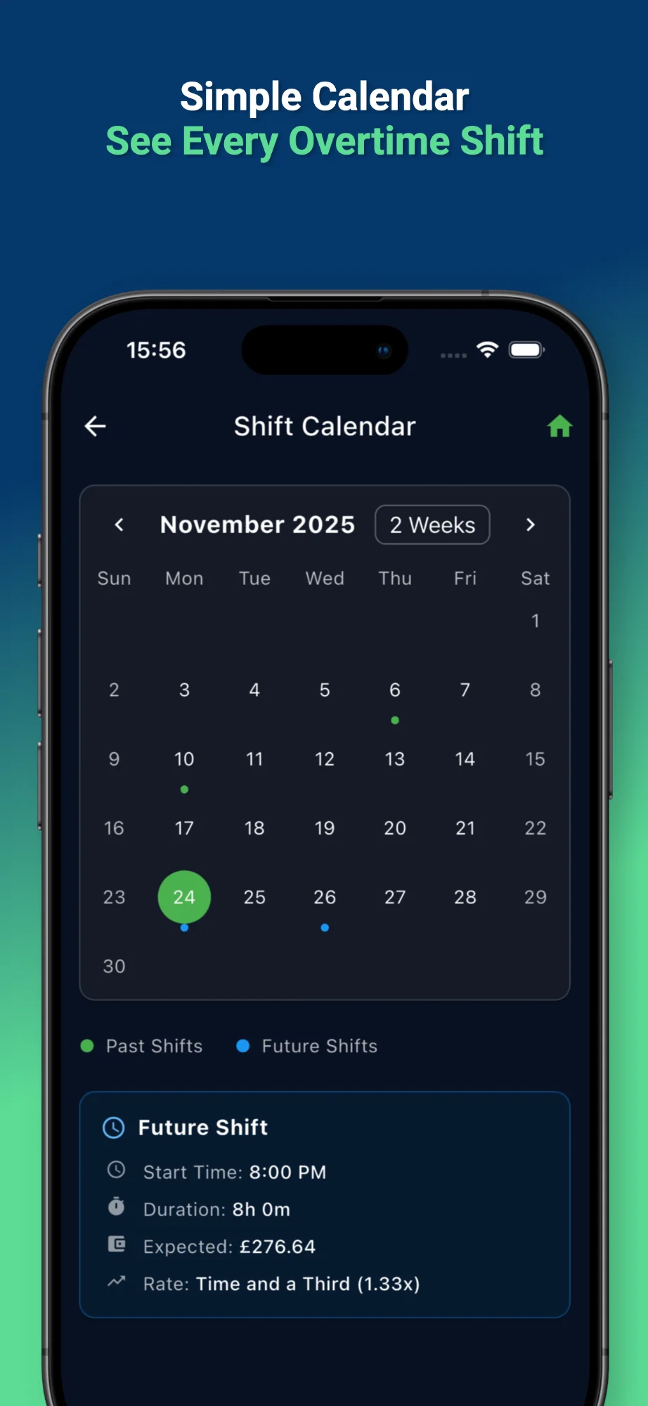 Overtime Live — madaling calendar view para sa lahat ng shift