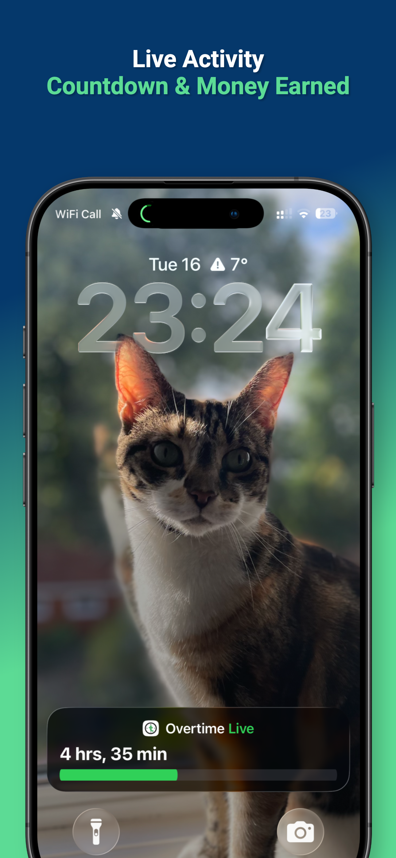 Overtime Live iOS Live Activity on Lock Screen showing real-time earnings and countdown