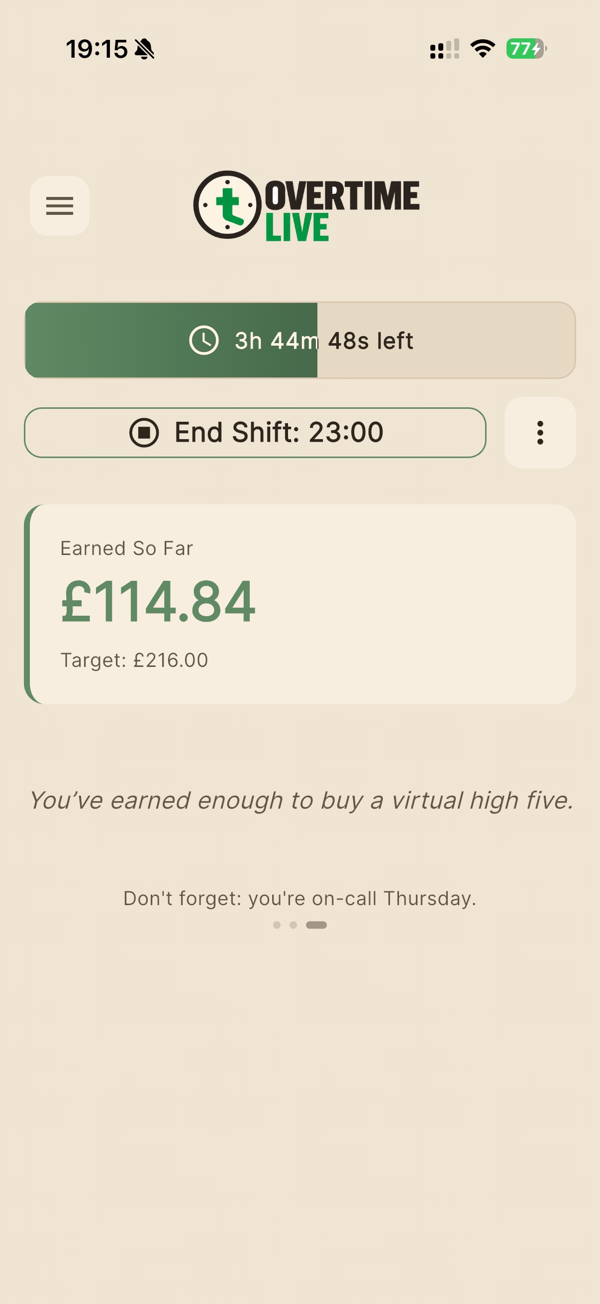 Overtime Live active shift screen — light theme showing live earnings counter and shift progress bar for NHS nurse