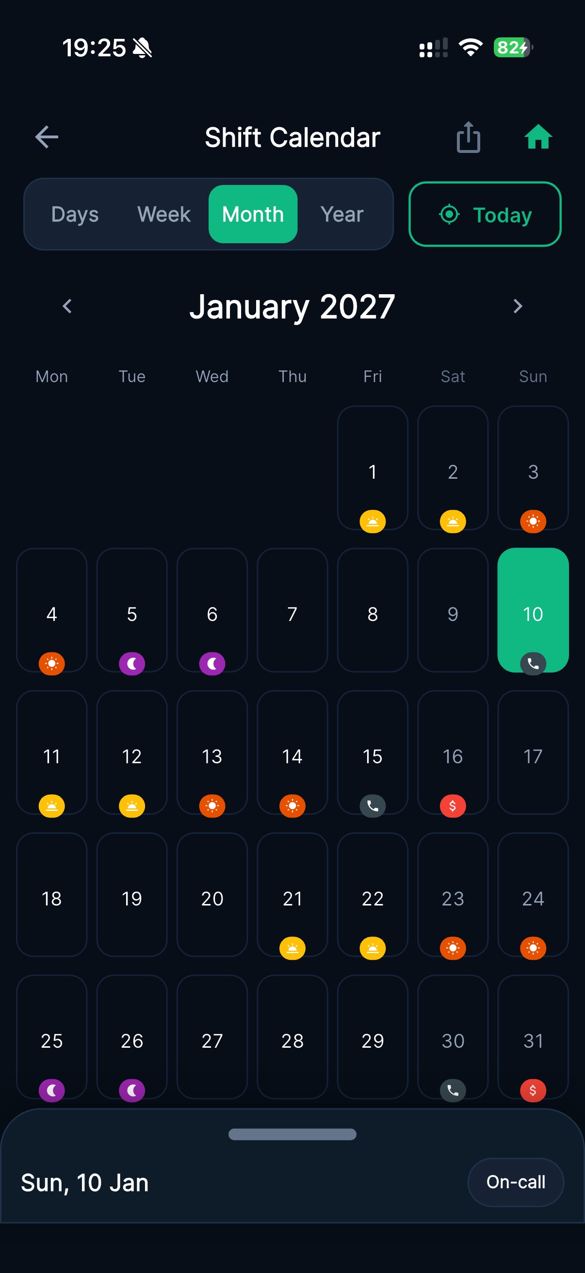 Overtime Live shift calendar — dark theme showing monthly rota view with day, night and on-call shift icons for UK NHS or police worker