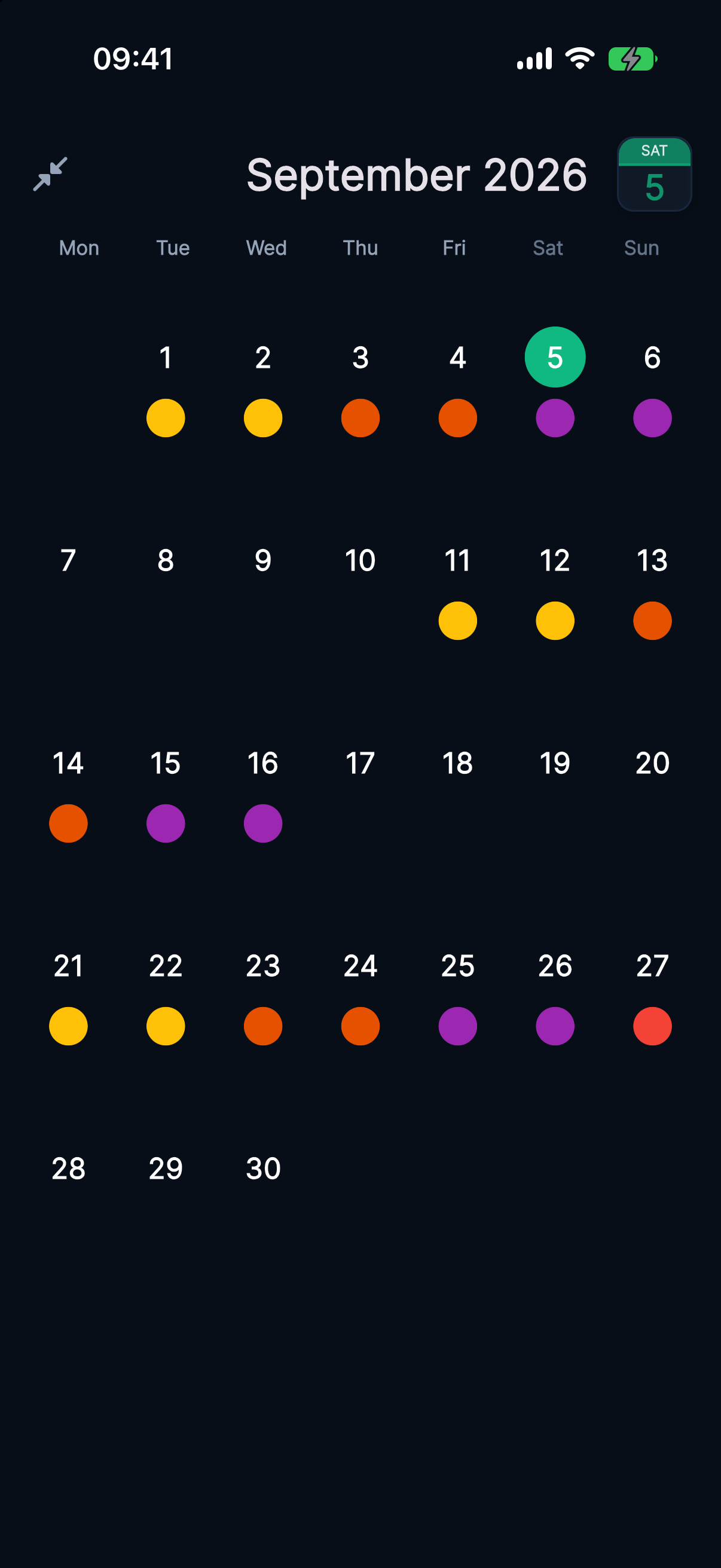 Overtime Live full-screen calendar in portrait on iPhone 17 Pro showing a full month edge to edge, with no toolbar and coloured shift markers under each worked day