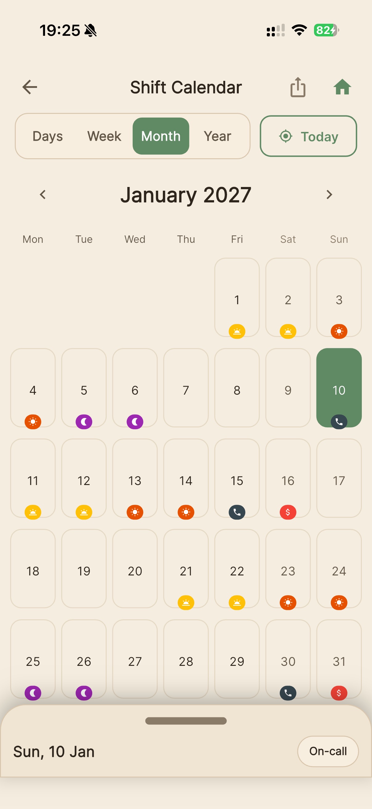 Overtime Live shift calendar — light theme showing January 2027 month view with shift type icons and On-call badge