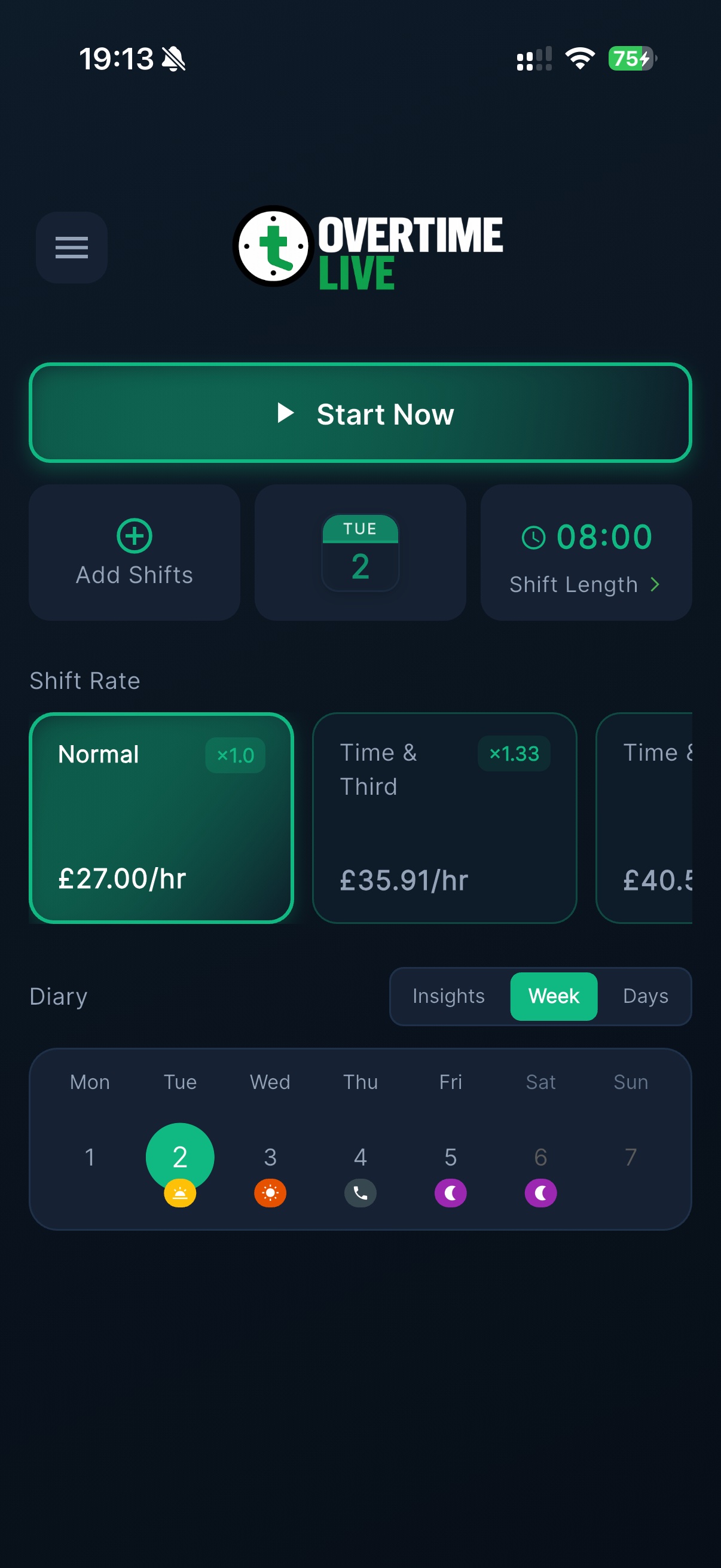 Overtime Live shift tracker app dashboard — dark theme, showing Start Now button, shift rates and weekly diary for UK shift workers