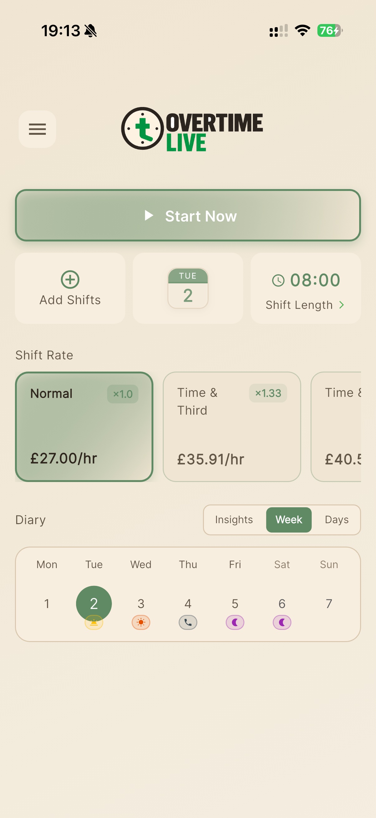 Overtime Live shift tracker app dashboard — light theme, showing shift rates for NHS nurses and police officers