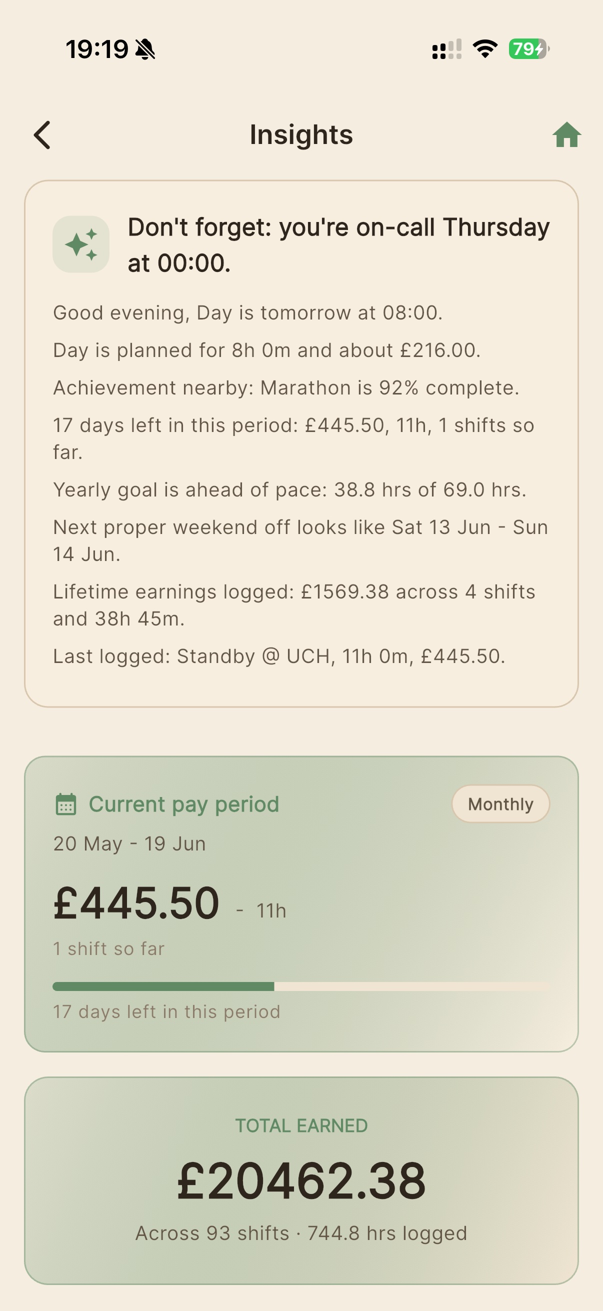 Overtime Live Insights screen — light theme showing pay period summary, total earnings and smart shift reminders